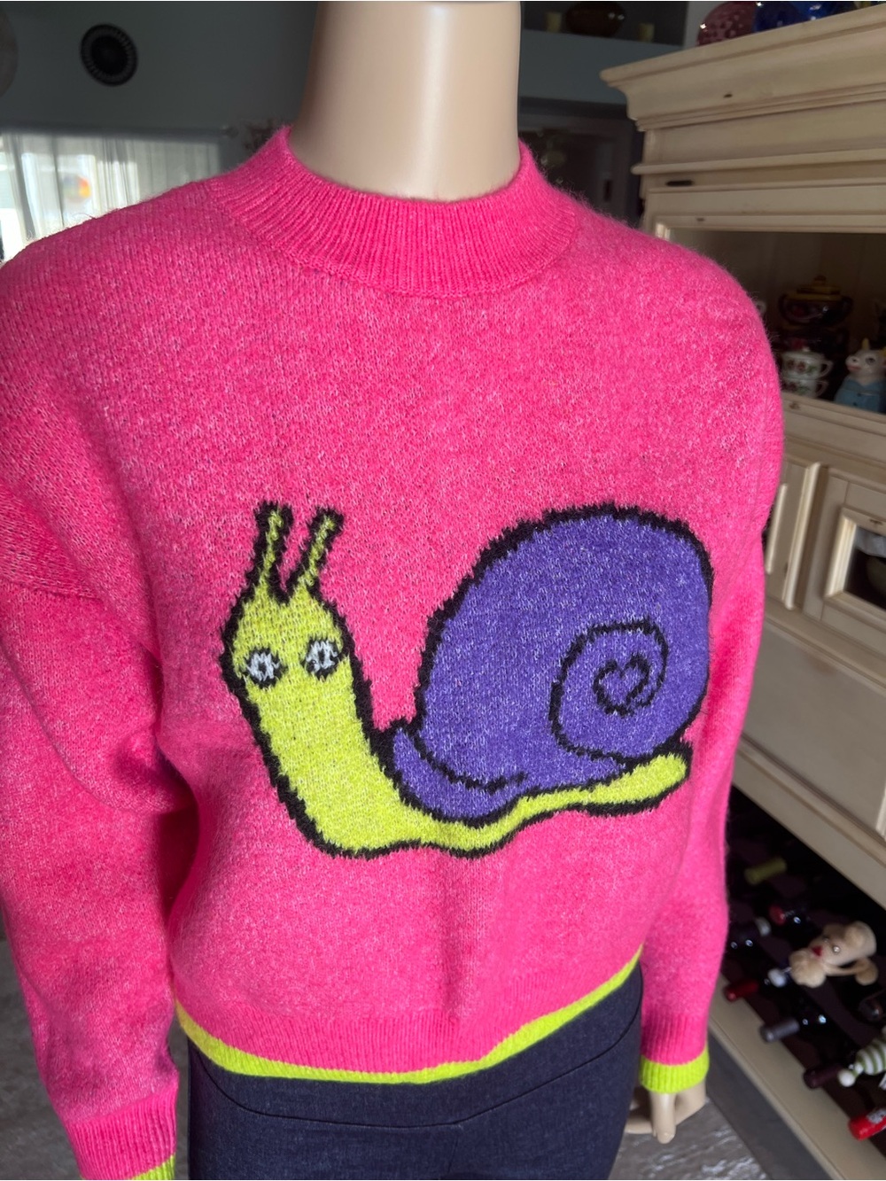 Zara Bright Pink Crewneck Sweater with Purple & Neon Yellow Snail Graphic New